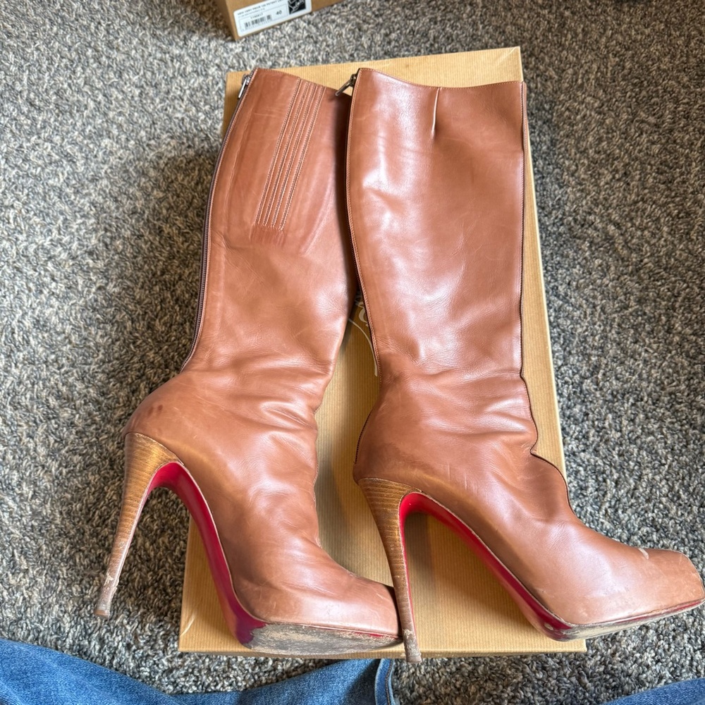 Christian louboutin boots knee high brown